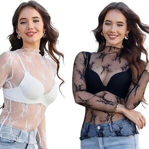 Y2K Whimsy Goth Sheer Lace Mesh Long Sleeve Mock Neck Top 2-Pack Plus Zize XXL